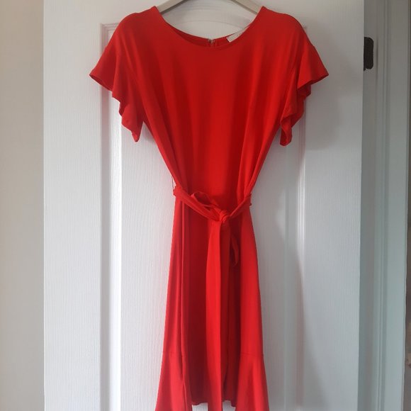 Loft Coral Red Dress with Ruffles and Tie Bow - Picture 2 of 12
